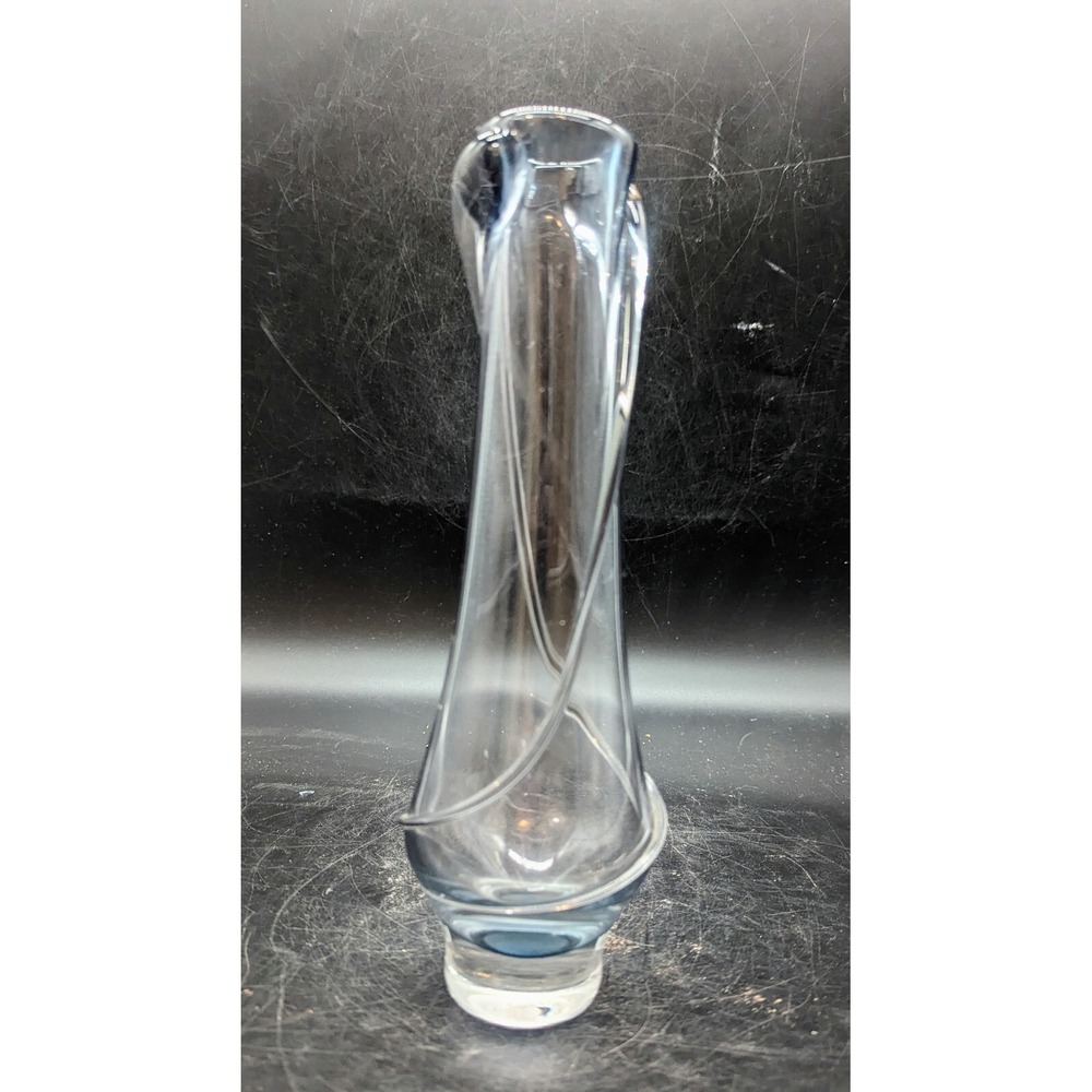 Hand Blwn Art Glass Vase Emil R Clear with Blue tine Vintage‎ Artist Signed 9.5"